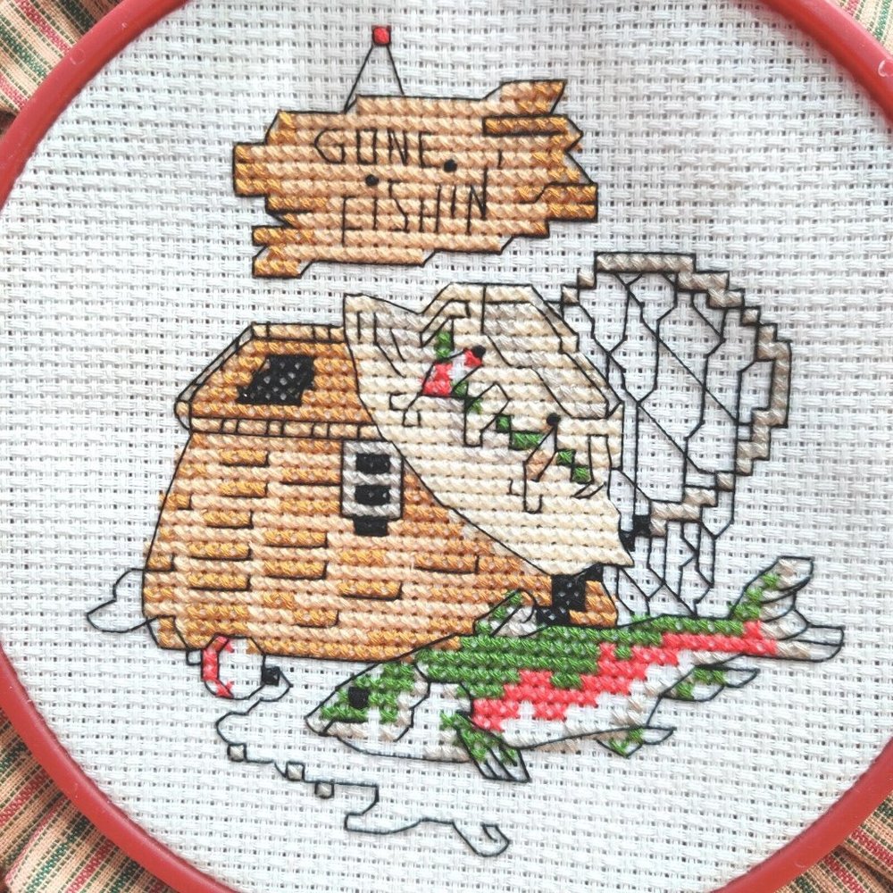 VTG Dimensions 1997 Fishin Time Gone Fishin' Completed Counted Cross Stitch 6.5"